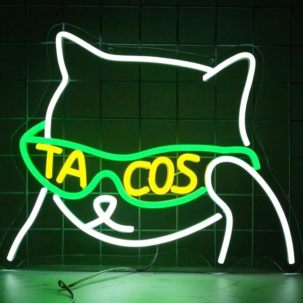 Cat Neon Sign With Tacos Sunglasses Funny Night Light Room Wall Decoration